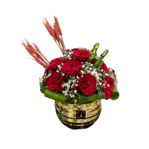 Red Roses with Gypsophila in Vase