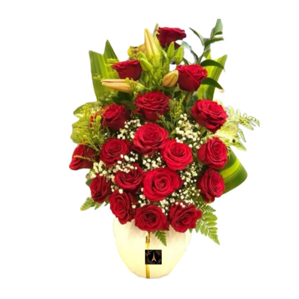 Red Roses, Lilium Flowers in Vase
